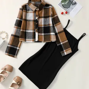 Casual Plaid Print Jacket & Suspender Dress Set for Autumn and Spring