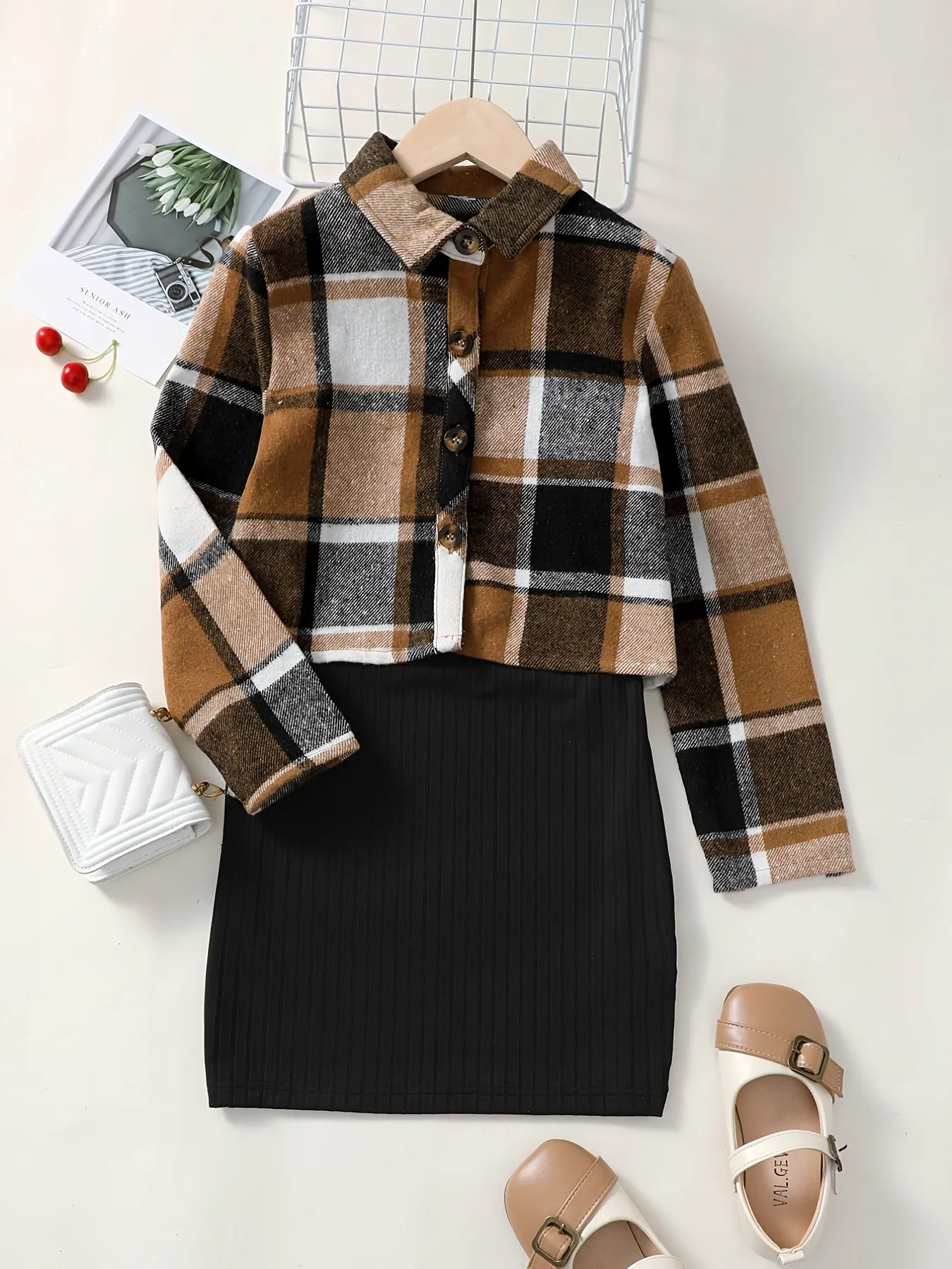 Casual Plaid Print Jacket & Suspender Dress Set for Autumn and Spring