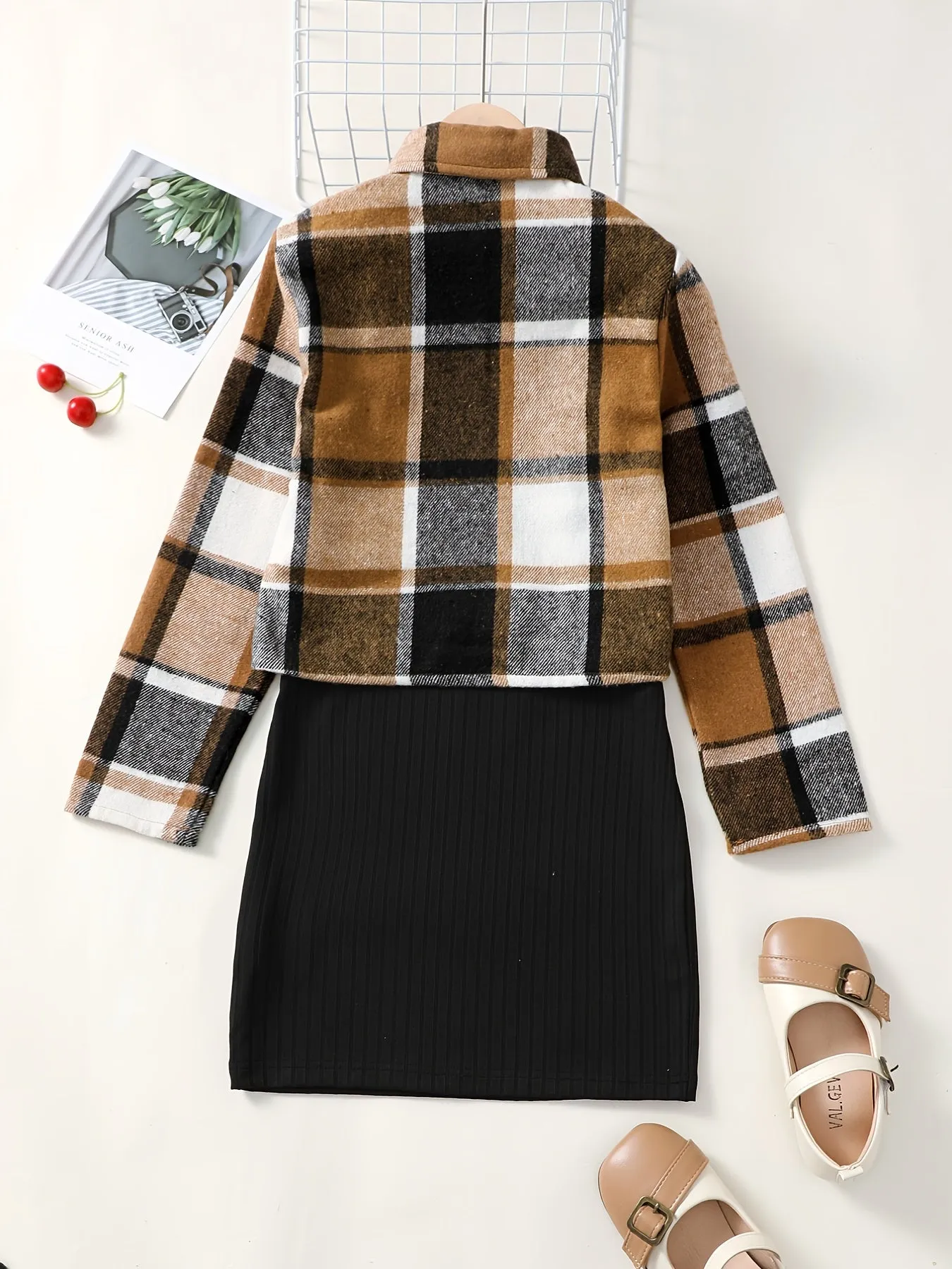Casual Plaid Print Jacket & Suspender Dress Set for Autumn and Spring