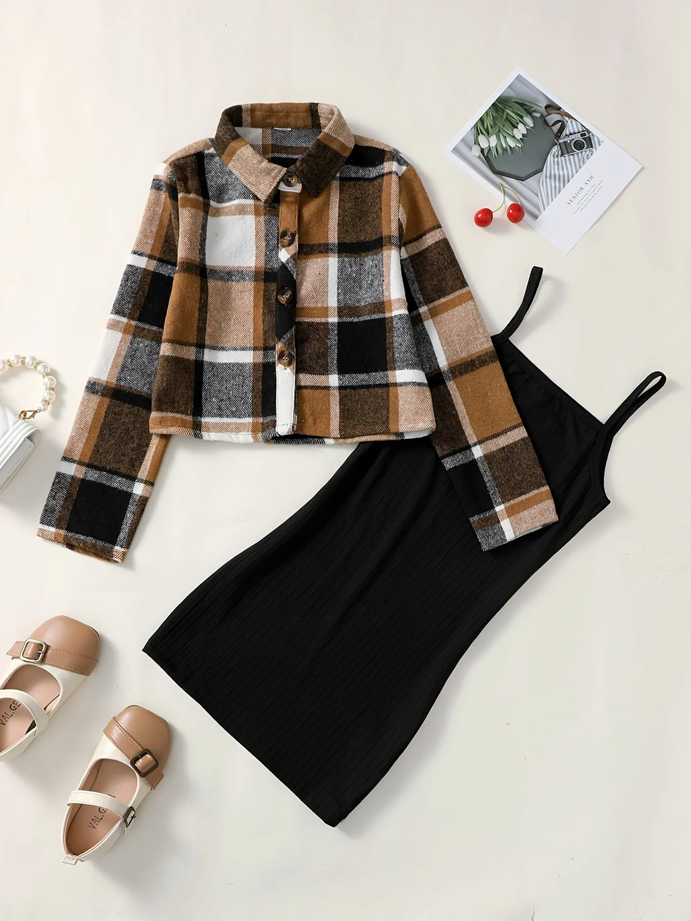 Casual Plaid Print Jacket & Suspender Dress Set for Autumn and Spring