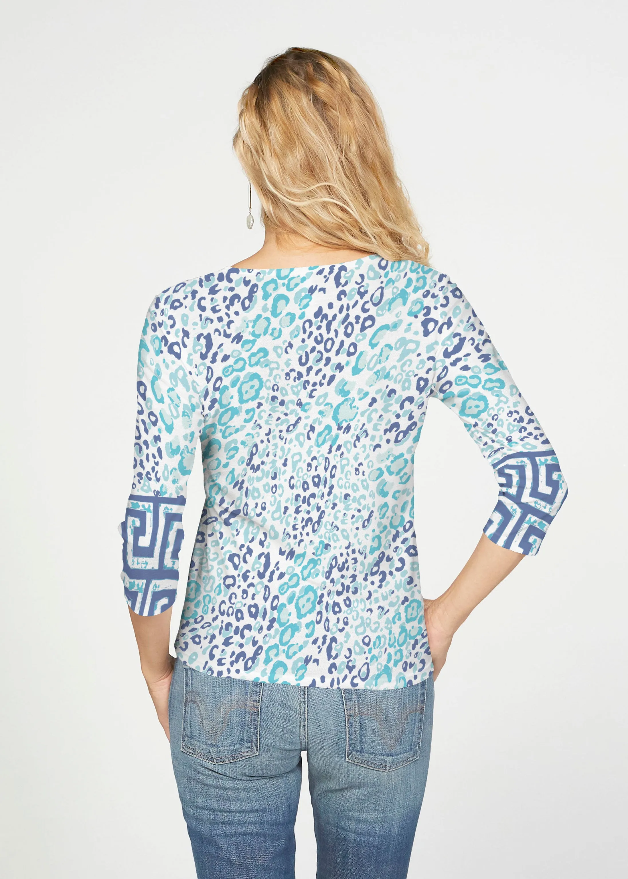 Cat Blue (7755) ~ French Terry Tie 3/4 Sleeve Top