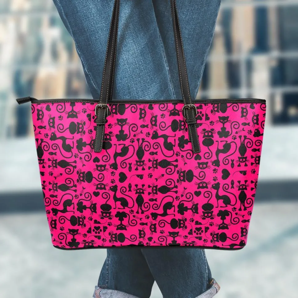 Cats Pink Small Leather Tote Bag