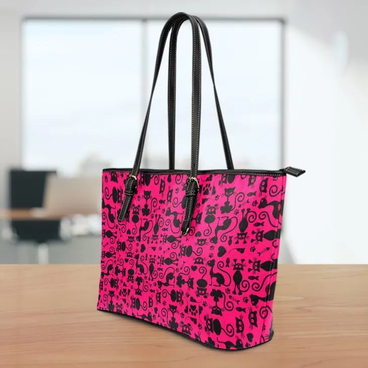 Cats Pink Small Leather Tote Bag