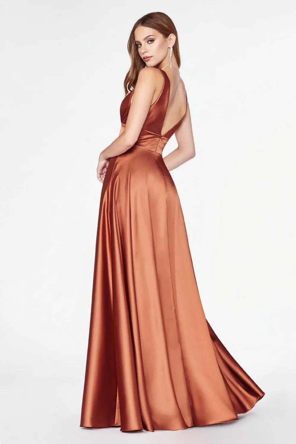 CD 7469 - A-Line Satin Prom Gown with Pleated V-Neck Bodice Spaghetti Straps & Leg Slit