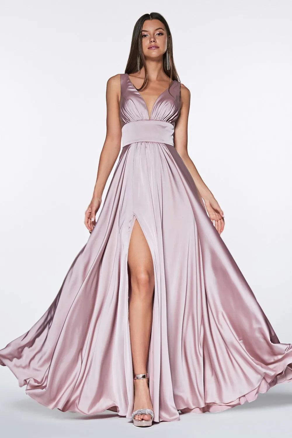 CD 7469 - A-Line Satin Prom Gown with Pleated V-Neck Bodice Spaghetti Straps & Leg Slit