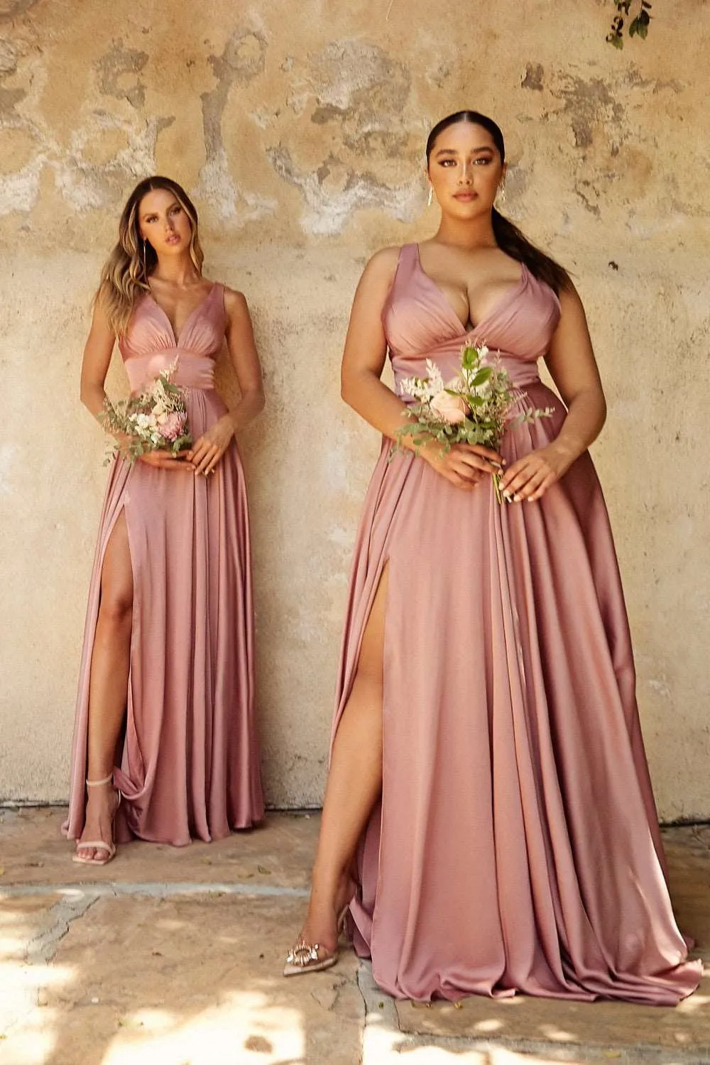 CD 7469 - A-Line Satin Prom Gown with Pleated V-Neck Bodice Spaghetti Straps & Leg Slit