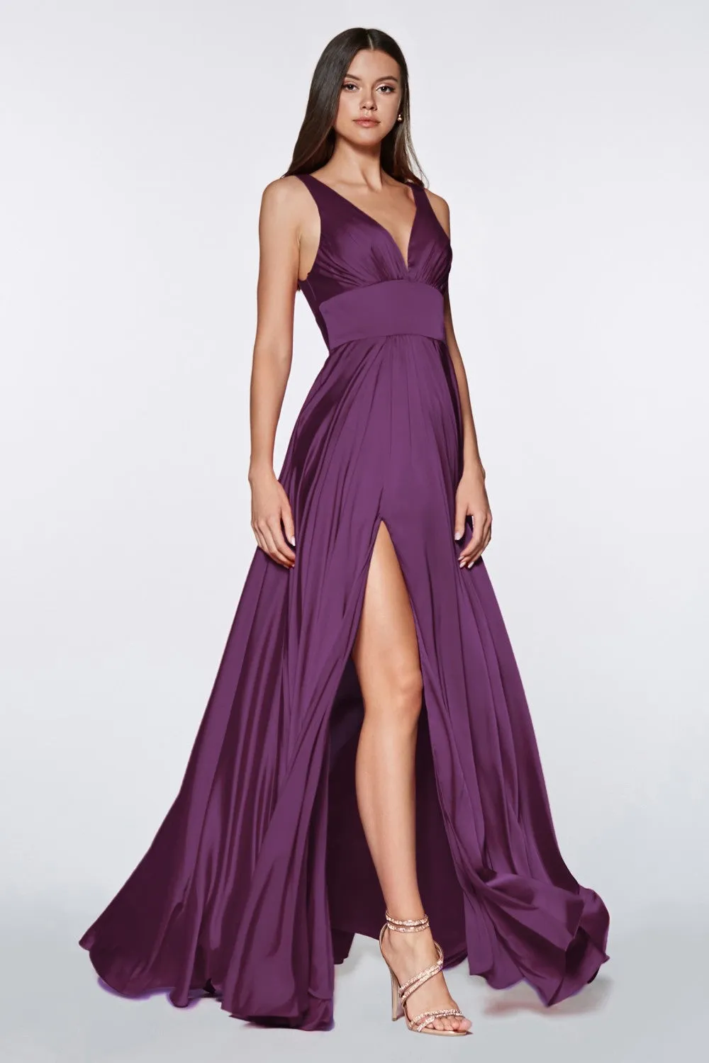 CD 7469 - A-Line Satin Prom Gown with Pleated V-Neck Bodice Spaghetti Straps & Leg Slit
