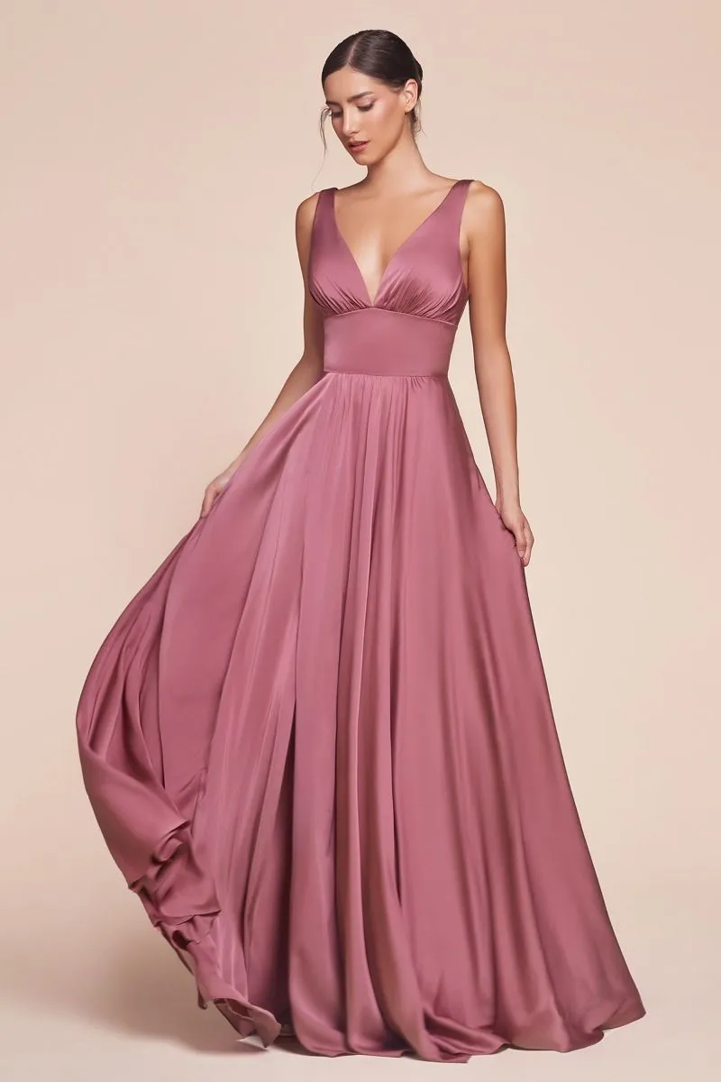 CD 7469 - A-Line Satin Prom Gown with Pleated V-Neck Bodice Spaghetti Straps & Leg Slit