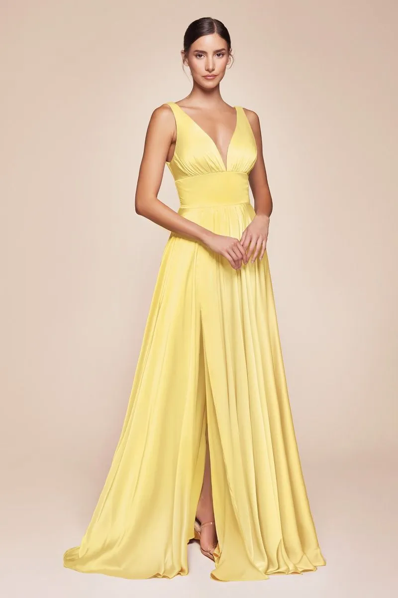 CD 7469 - A-Line Satin Prom Gown with Pleated V-Neck Bodice Spaghetti Straps & Leg Slit