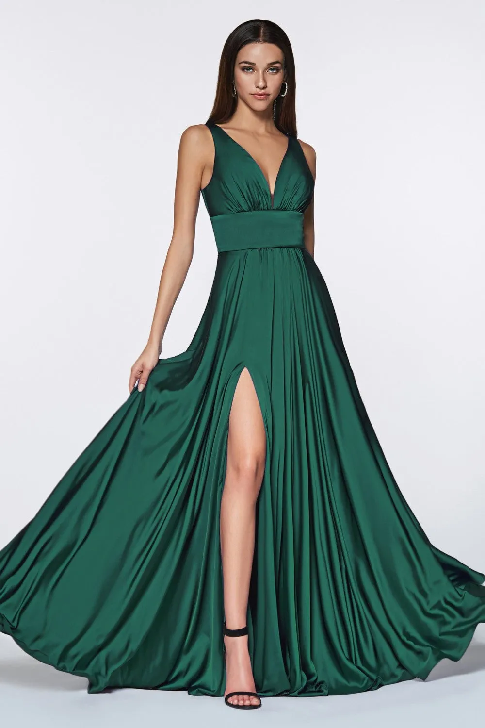 CD 7469 - A-Line Satin Prom Gown with Pleated V-Neck Bodice Spaghetti Straps & Leg Slit