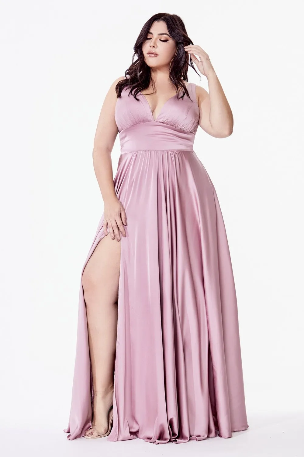 CD 7469 - A-Line Satin Prom Gown with Pleated V-Neck Bodice Spaghetti Straps & Leg Slit