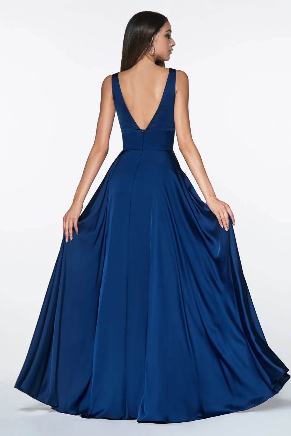 CD 7469 - A-Line Satin Prom Gown with Pleated V-Neck Bodice Spaghetti Straps & Leg Slit