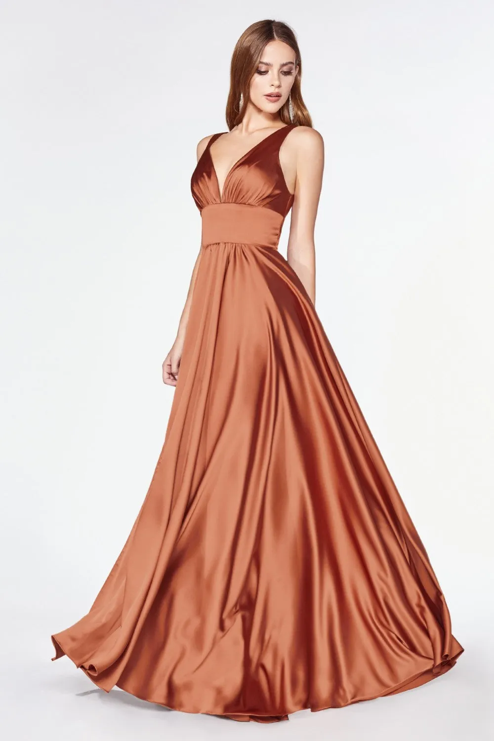 CD 7469 - A-Line Satin Prom Gown with Pleated V-Neck Bodice Spaghetti Straps & Leg Slit