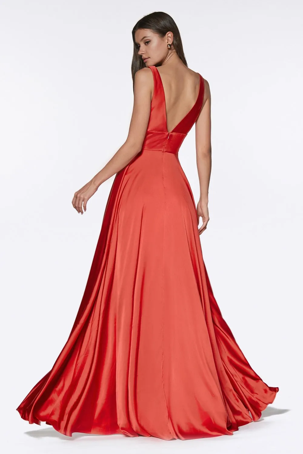 CD 7469 - A-Line Satin Prom Gown with Pleated V-Neck Bodice Spaghetti Straps & Leg Slit
