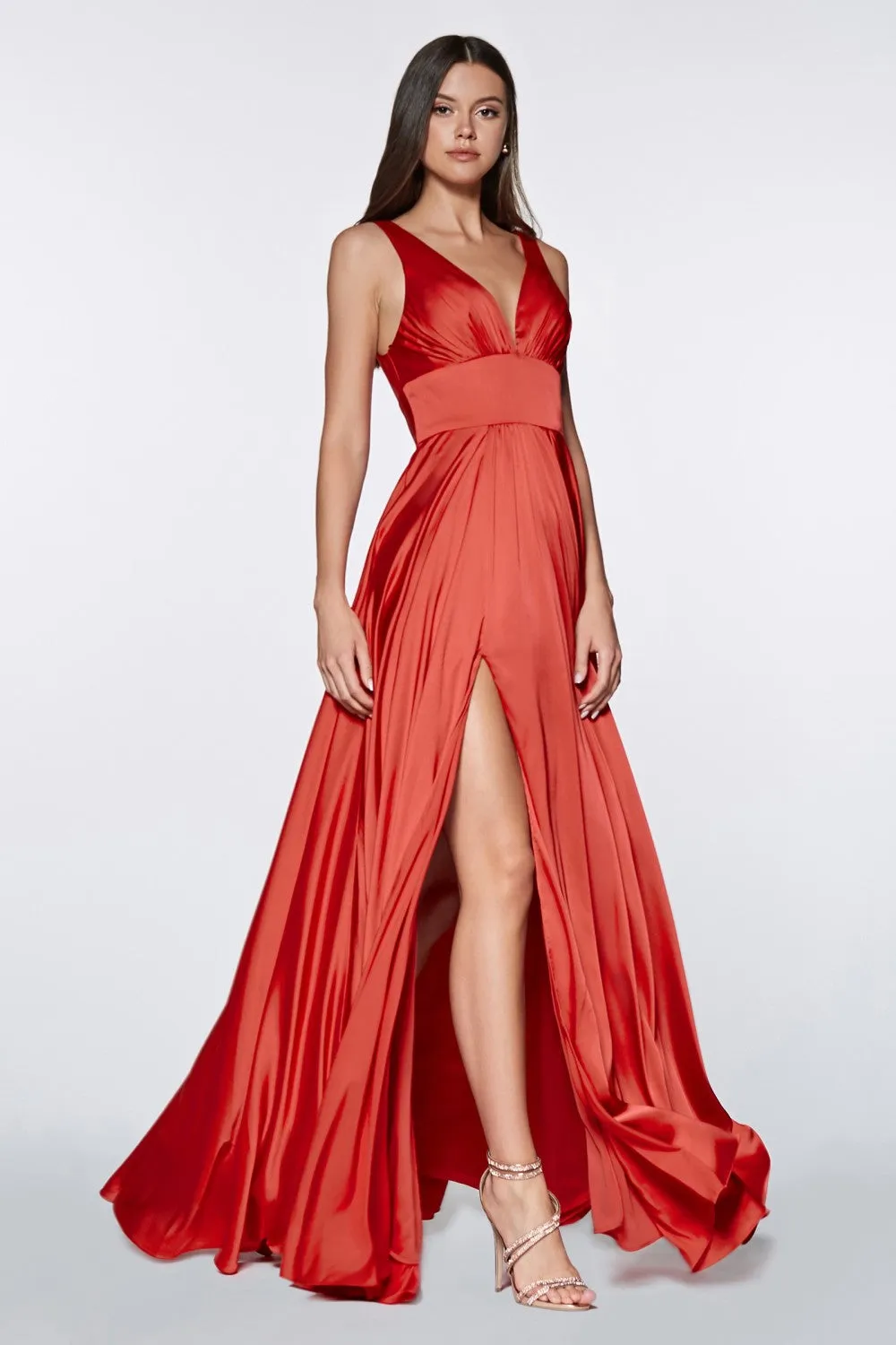 CD 7469 - A-Line Satin Prom Gown with Pleated V-Neck Bodice Spaghetti Straps & Leg Slit