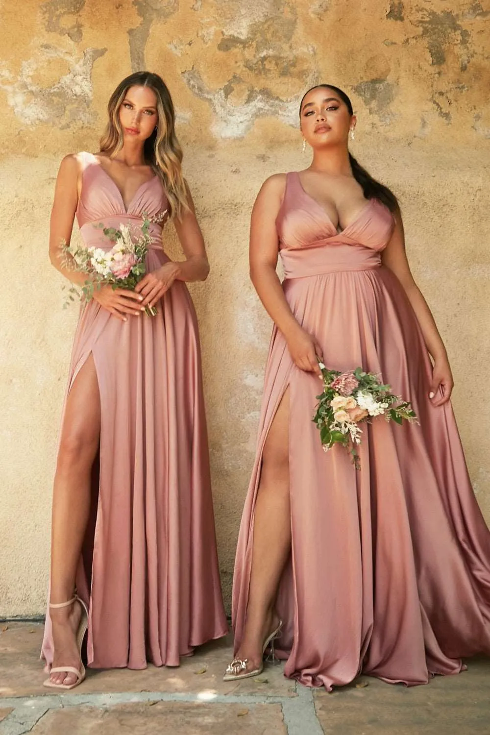 CD 7469 - A-Line Satin Prom Gown with Pleated V-Neck Bodice Spaghetti Straps & Leg Slit