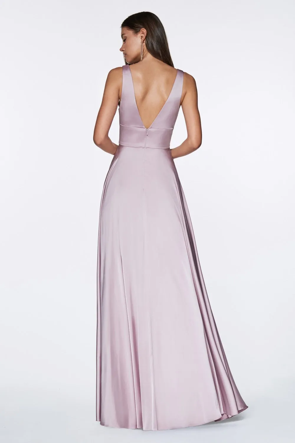 CD 7469 - A-Line Satin Prom Gown with Pleated V-Neck Bodice Spaghetti Straps & Leg Slit