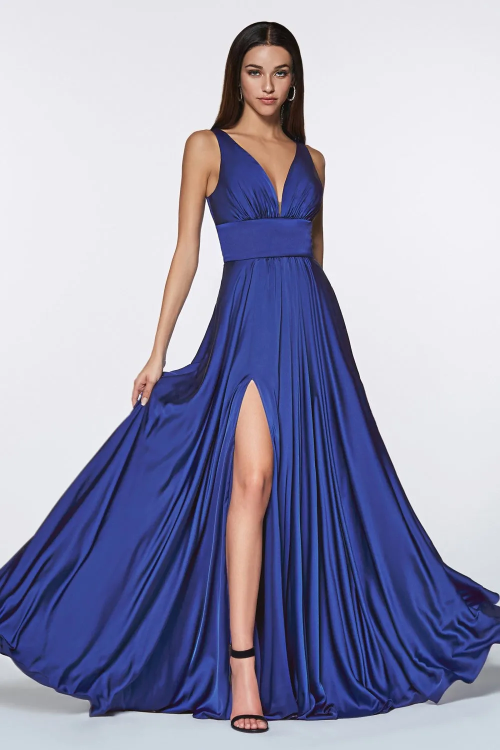 CD 7469 - A-Line Satin Prom Gown with Pleated V-Neck Bodice Spaghetti Straps & Leg Slit