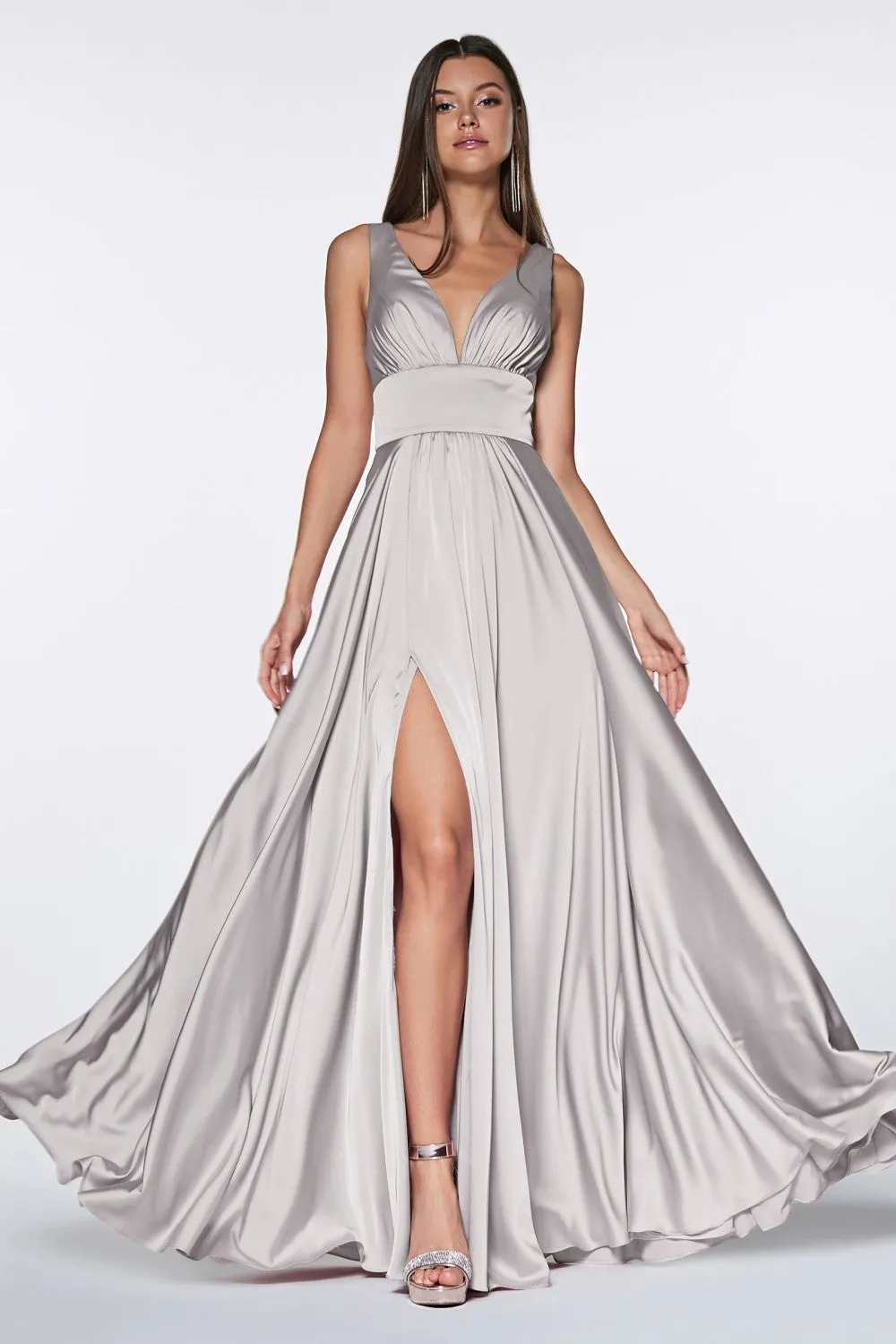 CD 7469 - A-Line Satin Prom Gown with Pleated V-Neck Bodice Spaghetti Straps & Leg Slit
