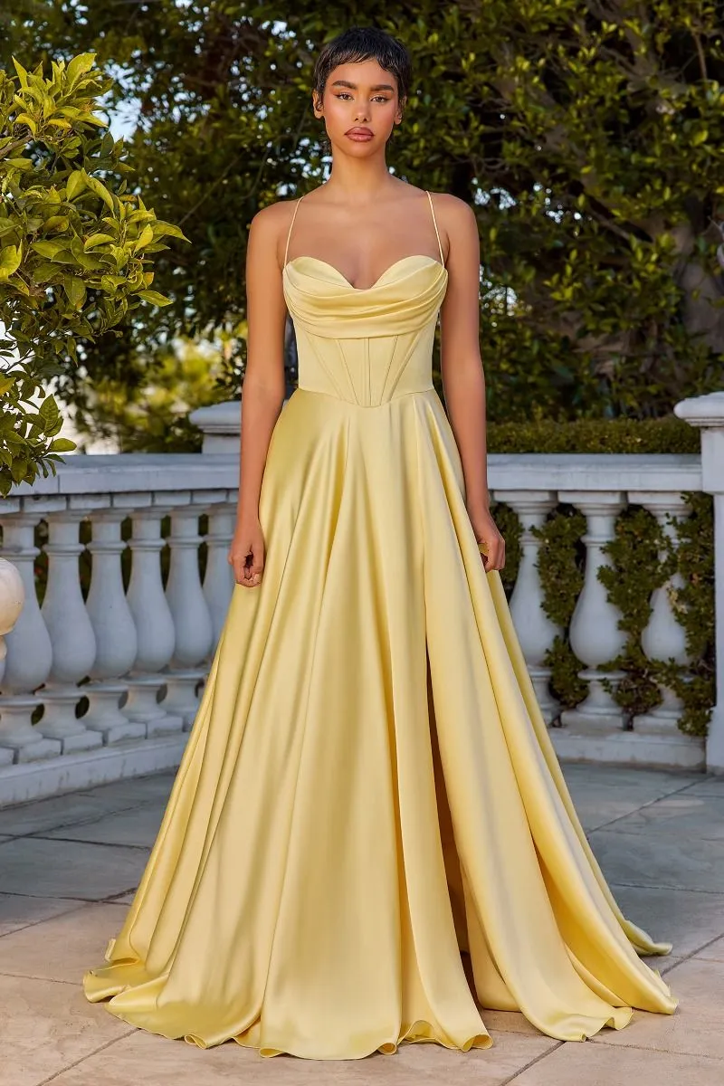 CD 7481 - Satin A-Line Formal Gown with Boned Scoop Neck Bodice Leg Slit & Open Lace Up Back