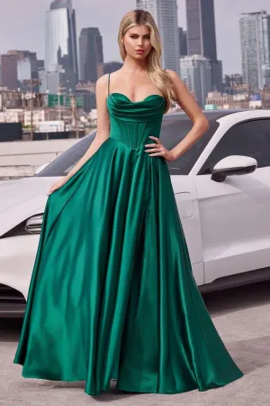 CD 7481 - Satin A-Line Formal Gown with Boned Scoop Neck Bodice Leg Slit & Open Lace Up Back