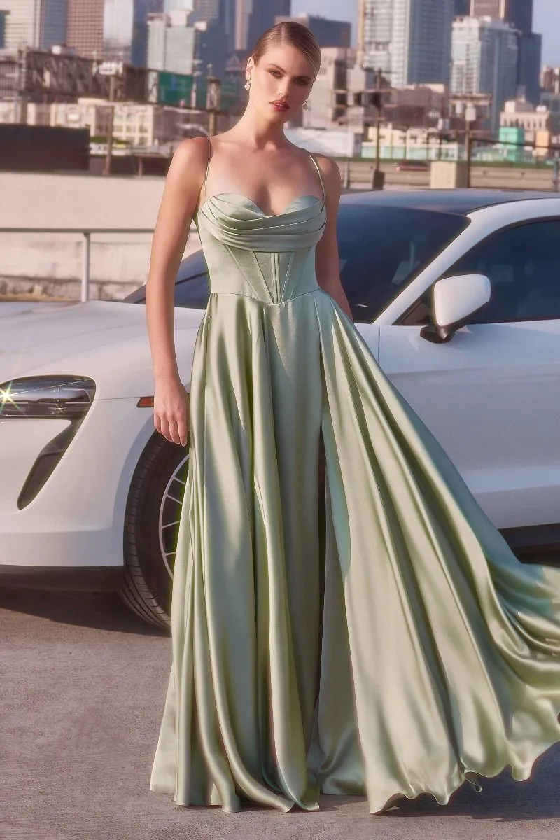 CD 7481 - Satin A-Line Formal Gown with Boned Scoop Neck Bodice Leg Slit & Open Lace Up Back