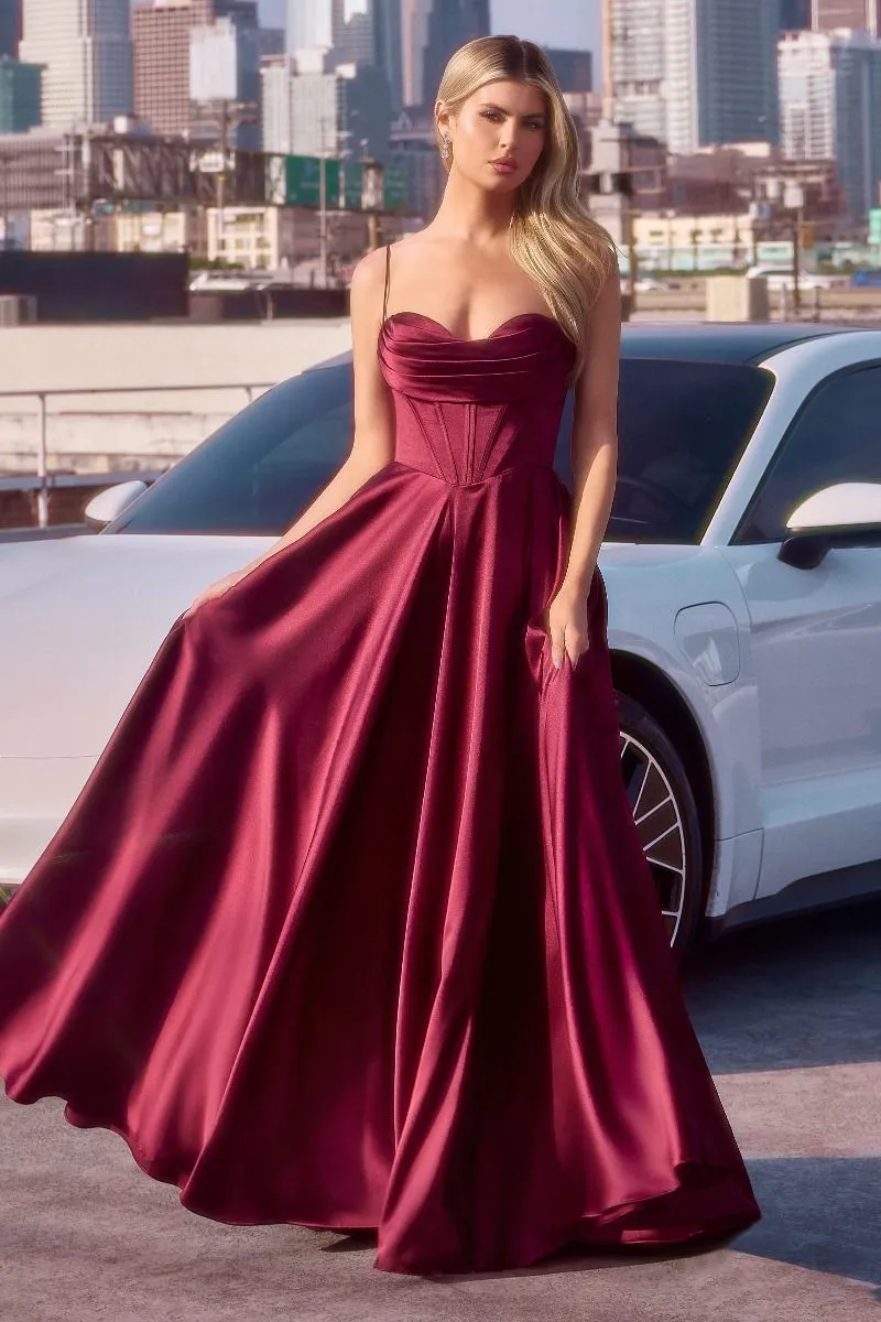 CD 7481 - Satin A-Line Formal Gown with Boned Scoop Neck Bodice Leg Slit & Open Lace Up Back
