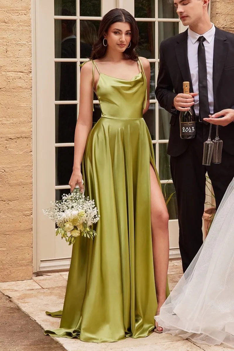 CD BD104 - Satin A-Line Formal Gown with Tying Spaghetti Shoulder Straps Cowl Neck & Leg Slit