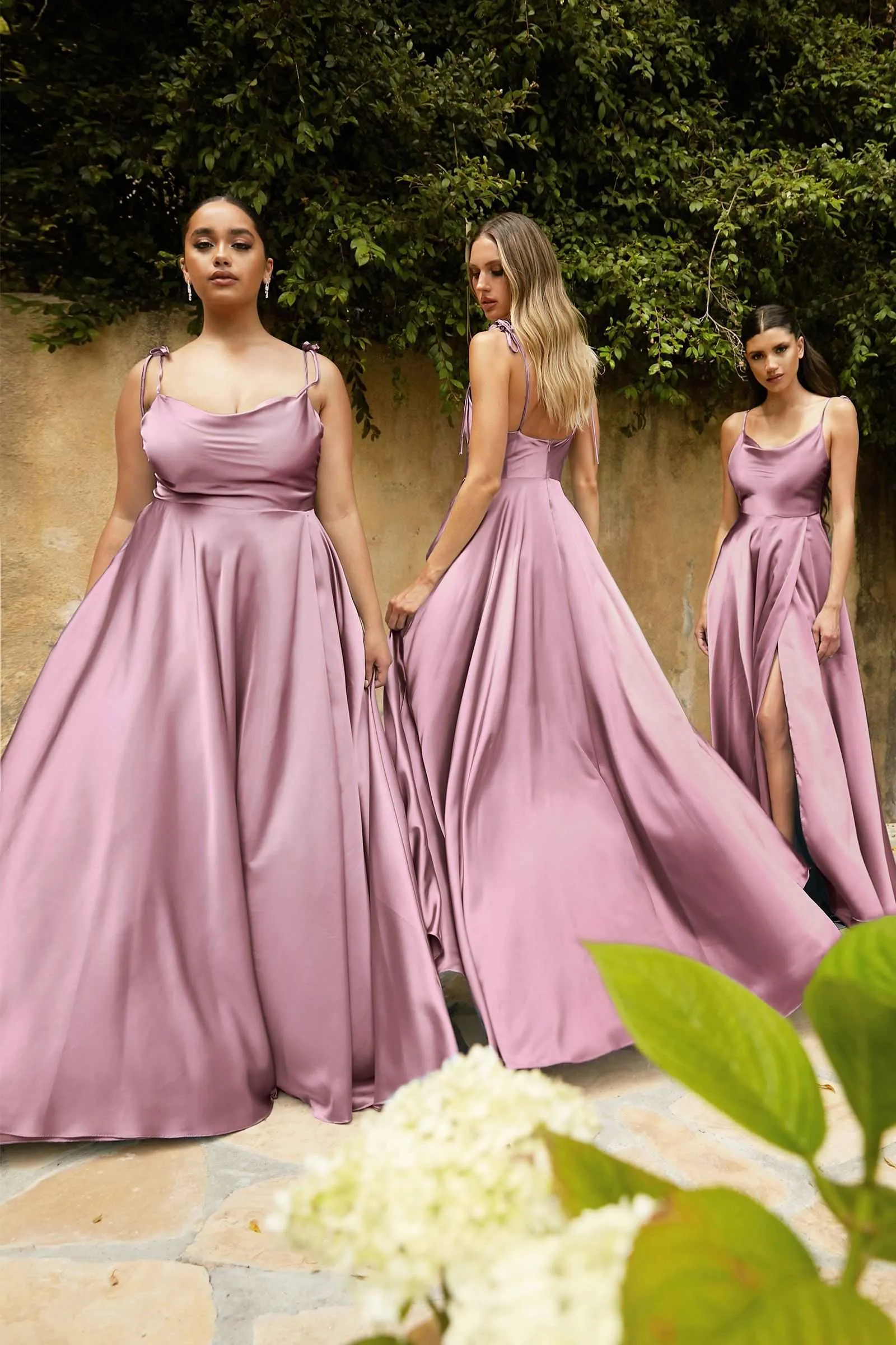 CD BD104 - Satin A-Line Formal Gown with Tying Spaghetti Shoulder Straps Cowl Neck & Leg Slit