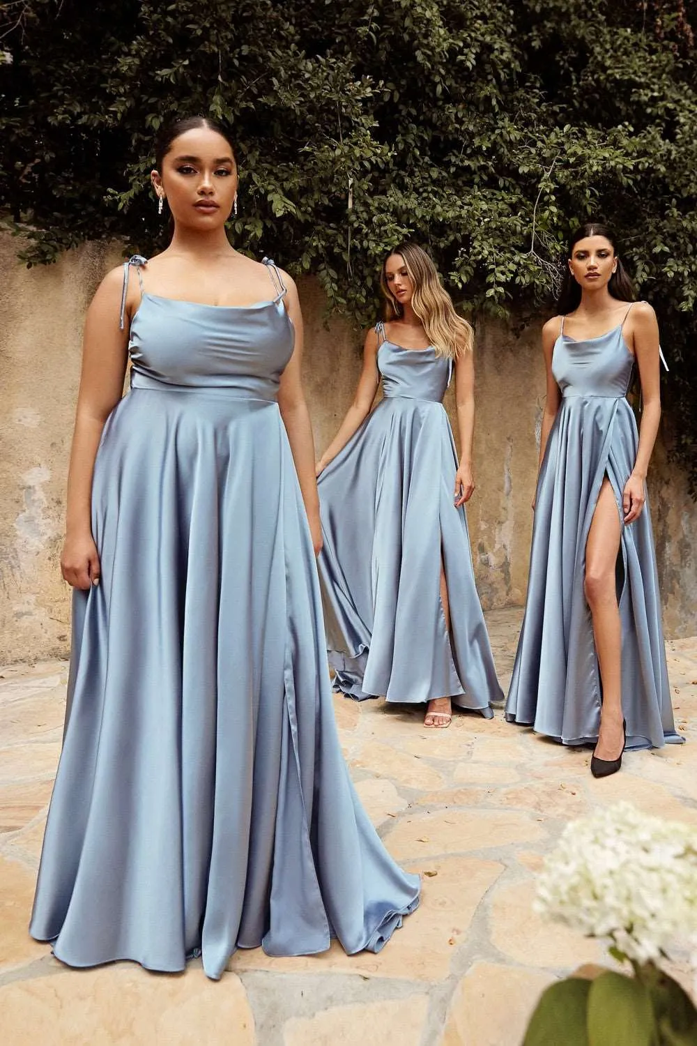 CD BD104 - Satin A-Line Formal Gown with Tying Spaghetti Shoulder Straps Cowl Neck & Leg Slit