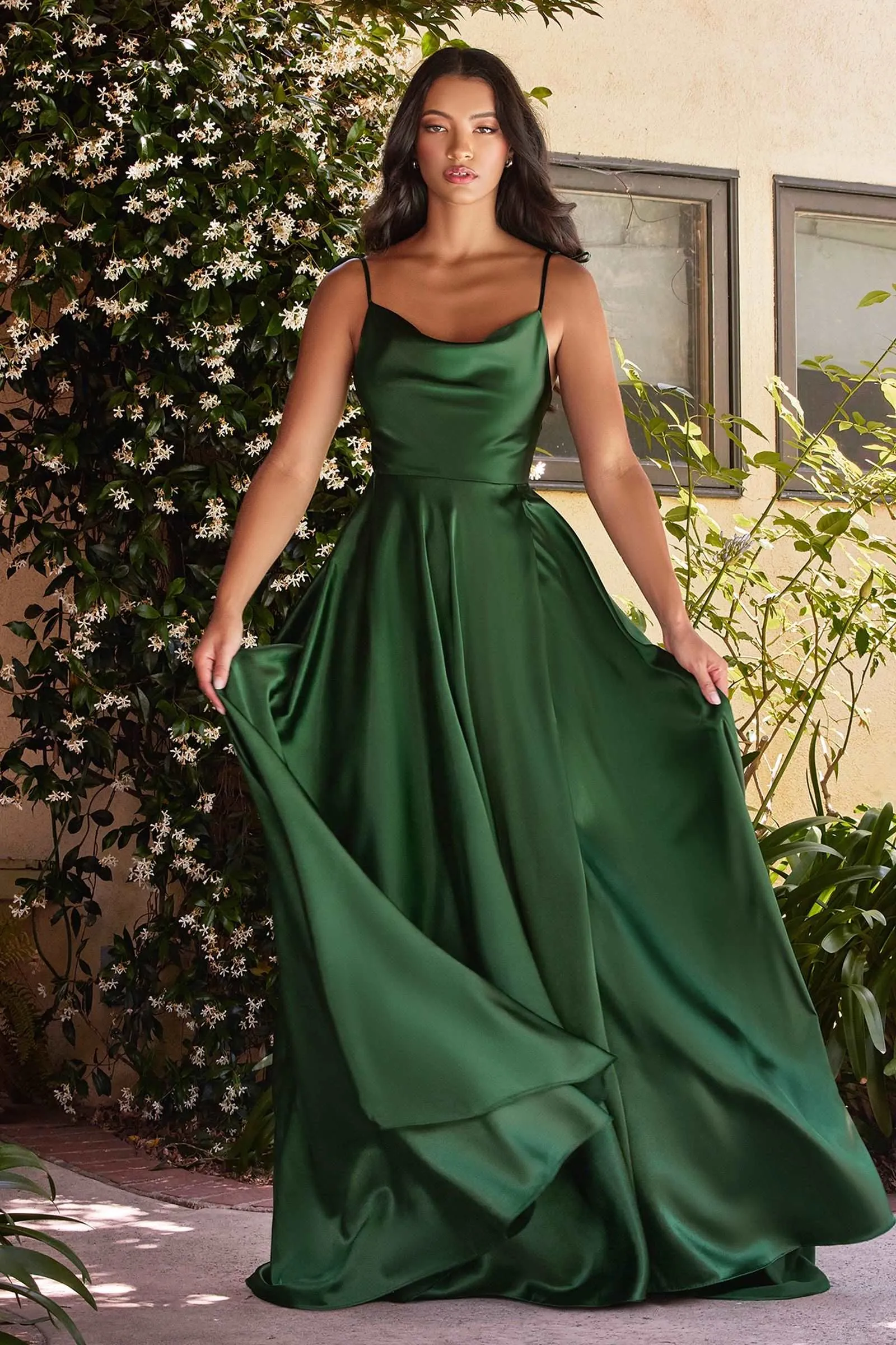 CD BD104 - Satin A-Line Formal Gown with Tying Spaghetti Shoulder Straps Cowl Neck & Leg Slit
