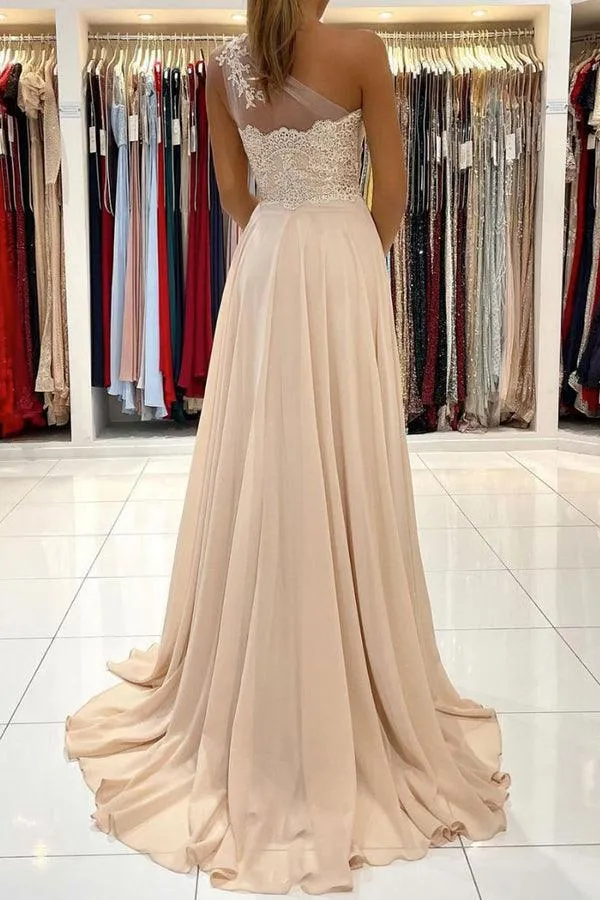 Champagne Chiffon One Shoulder Lace Long Prom Dress Evening Dress TP1033