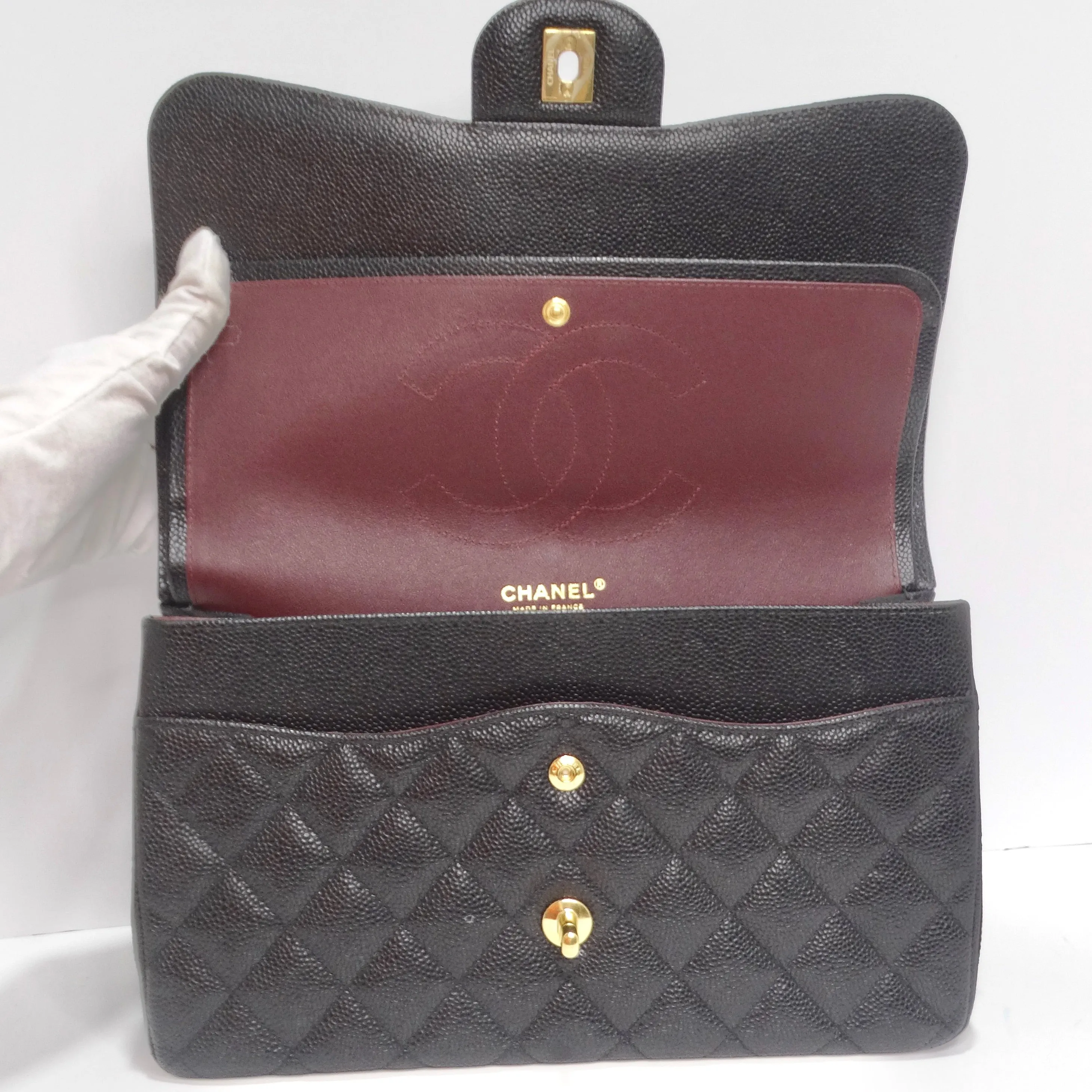 Chanel Large Classic Quilted Caviar Handbag Black/Burgundy