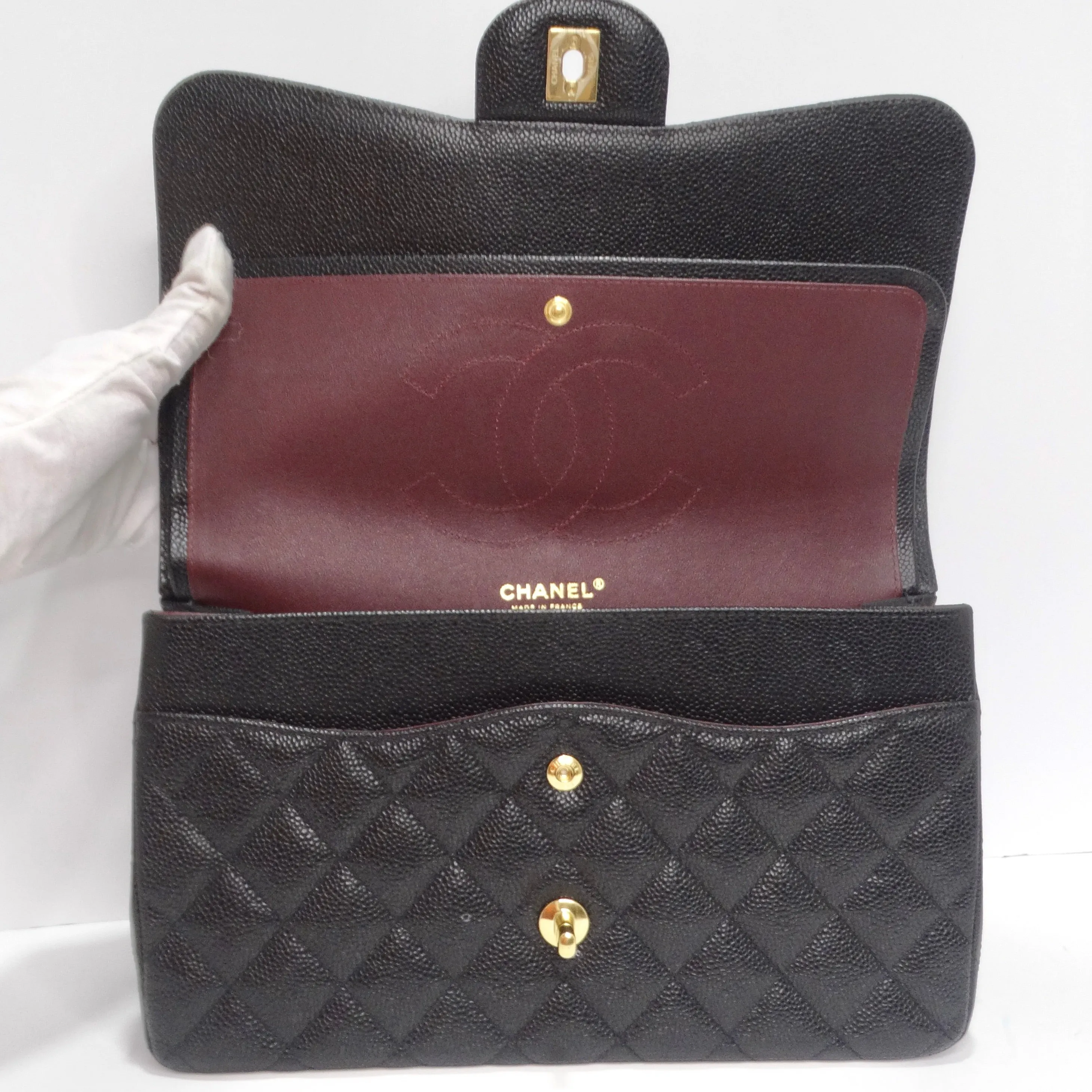 Chanel Large Classic Quilted Caviar Handbag Black/Burgundy