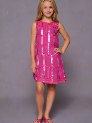 Cherry Crumble Pink Geometrical Pattern 100% Polyester Sleeveless Round Neck Party Wear A Line Sequin and Beads Summer Dress For Girls