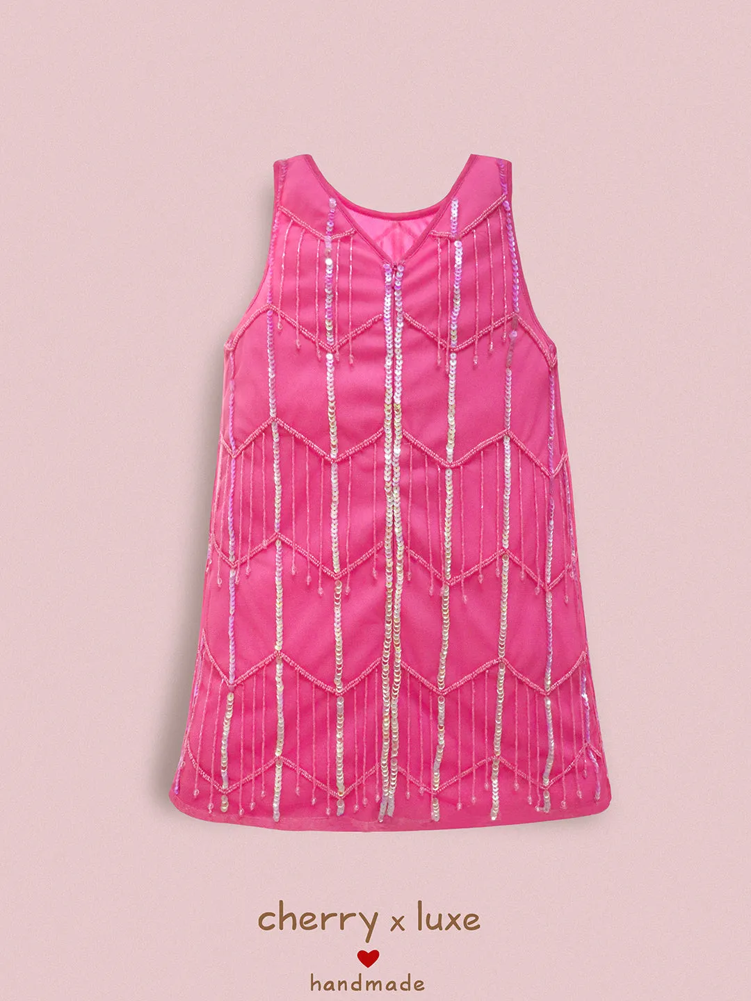 Cherry Crumble Pink Geometrical Pattern 100% Polyester Sleeveless Round Neck Party Wear A Line Sequin and Beads Summer Dress For Girls