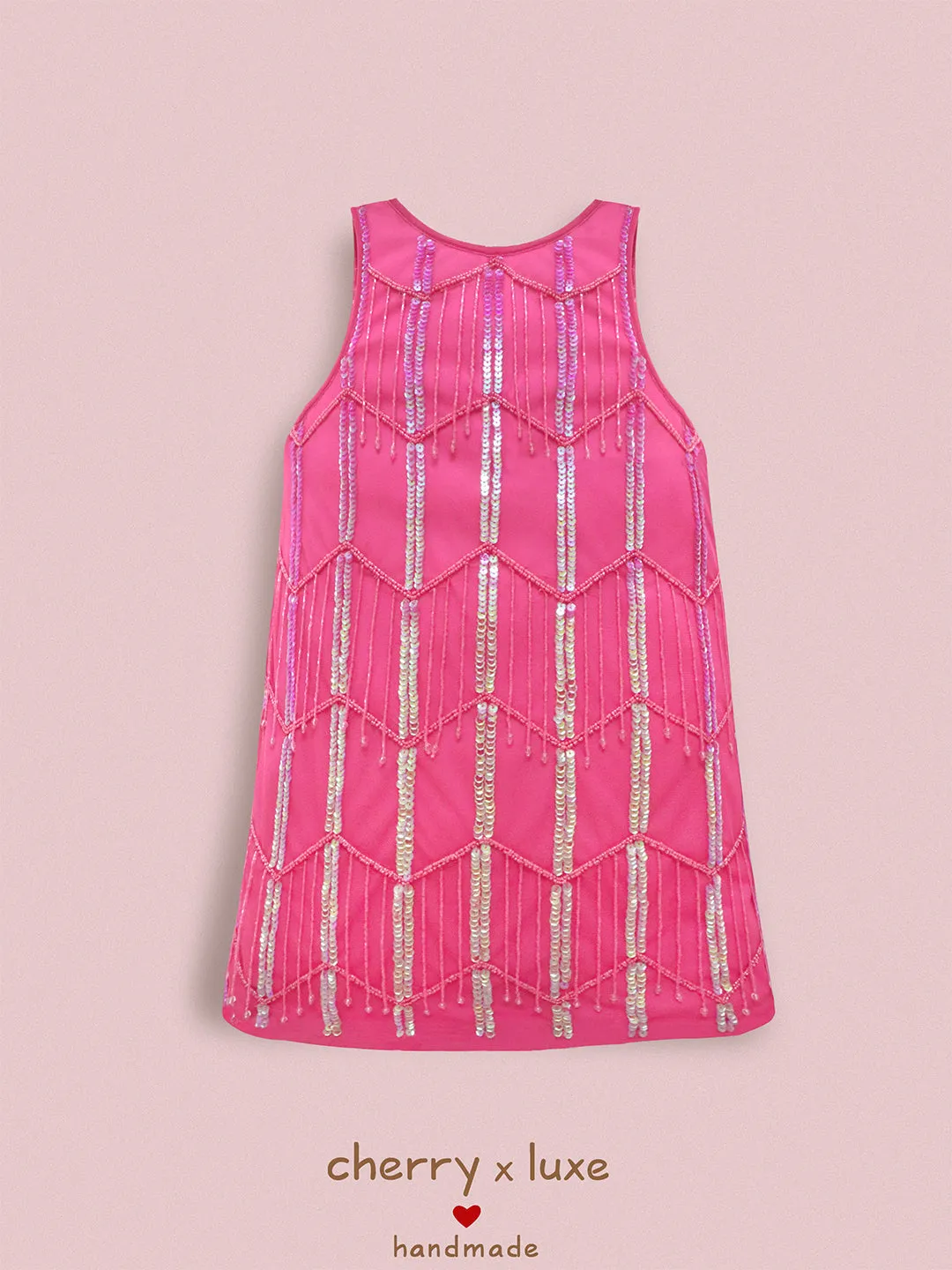 Cherry Crumble Pink Geometrical Pattern 100% Polyester Sleeveless Round Neck Party Wear A Line Sequin and Beads Summer Dress For Girls