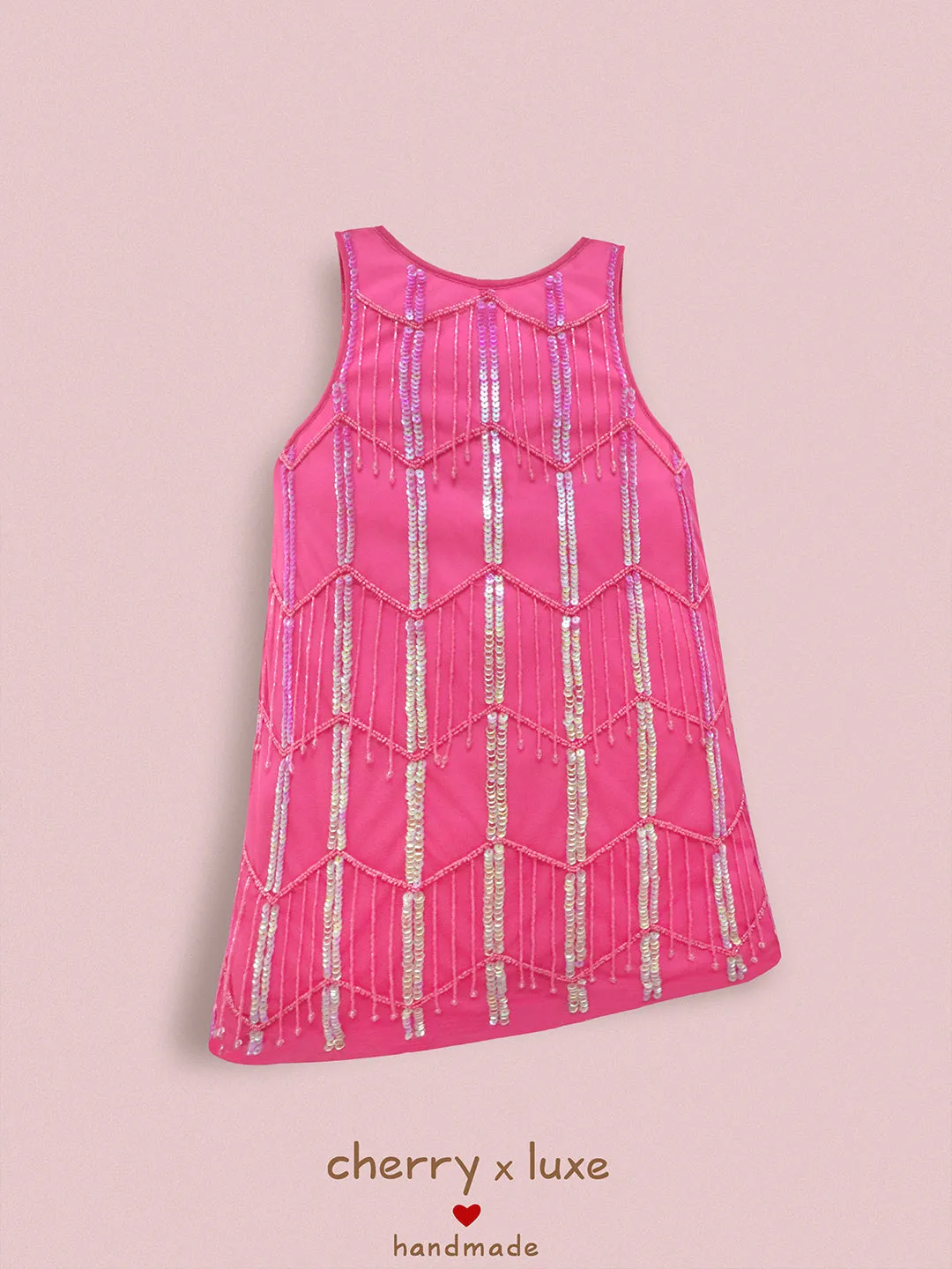Cherry Crumble Pink Geometrical Pattern 100% Polyester Sleeveless Round Neck Party Wear A Line Sequin and Beads Summer Dress For Girls