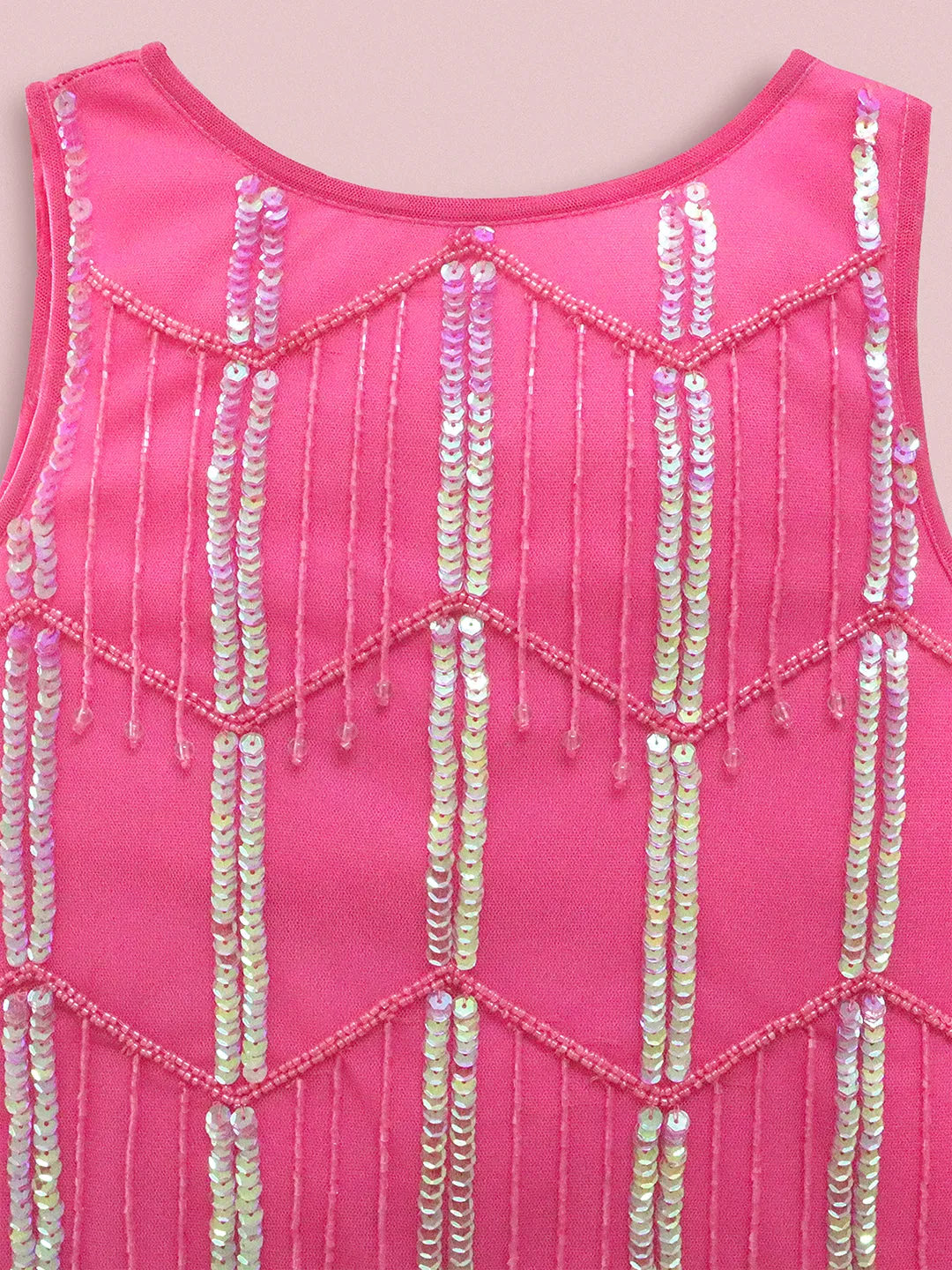 Cherry Crumble Pink Geometrical Pattern 100% Polyester Sleeveless Round Neck Party Wear A Line Sequin and Beads Summer Dress For Girls