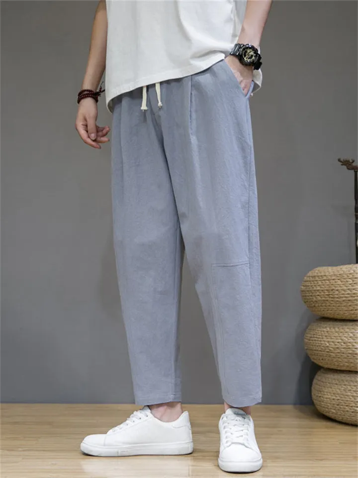 Chinese Style Summer Solid Color Cotton Blend Loose Pants for Men
