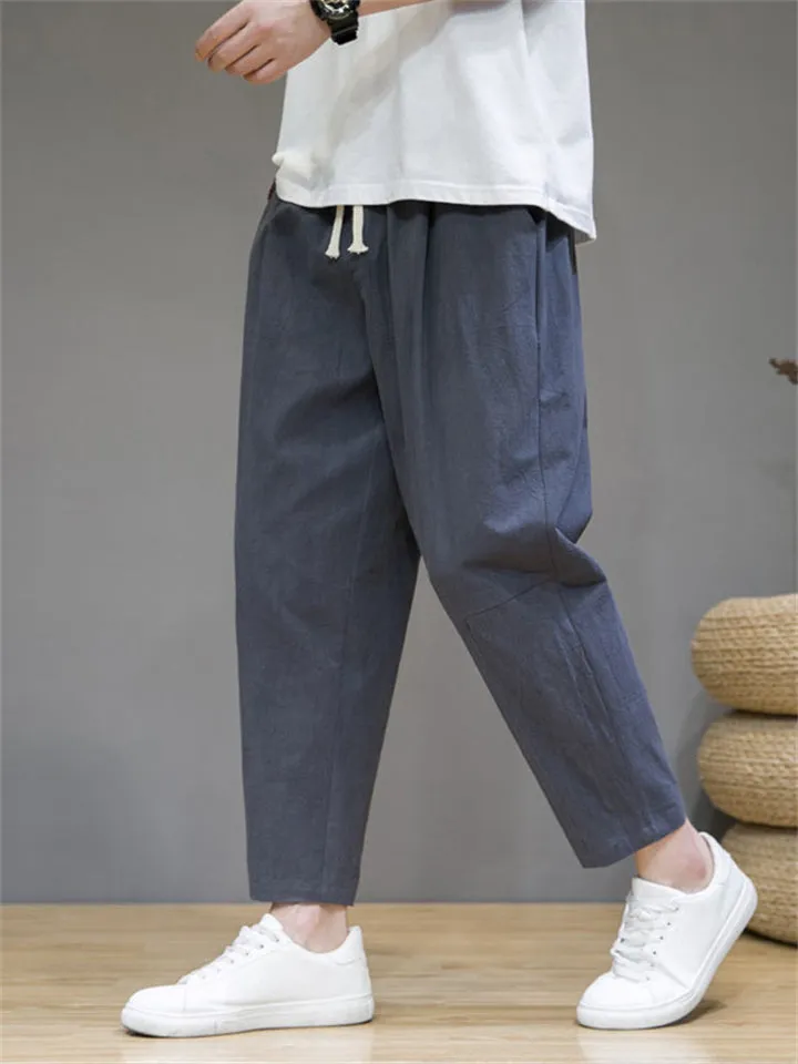 Chinese Style Summer Solid Color Cotton Blend Loose Pants for Men