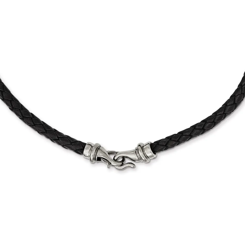 Chisel Stainless Steel Polished Woven Black Leather 16.25 inch Necklace