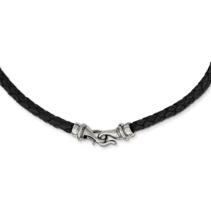 Chisel Stainless Steel Polished Woven Black Leather 16.25 inch Necklace
