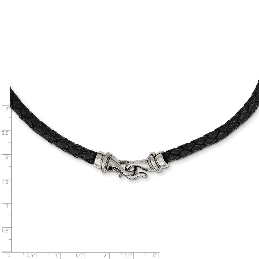 Chisel Stainless Steel Polished Woven Black Leather 16.25 inch Necklace