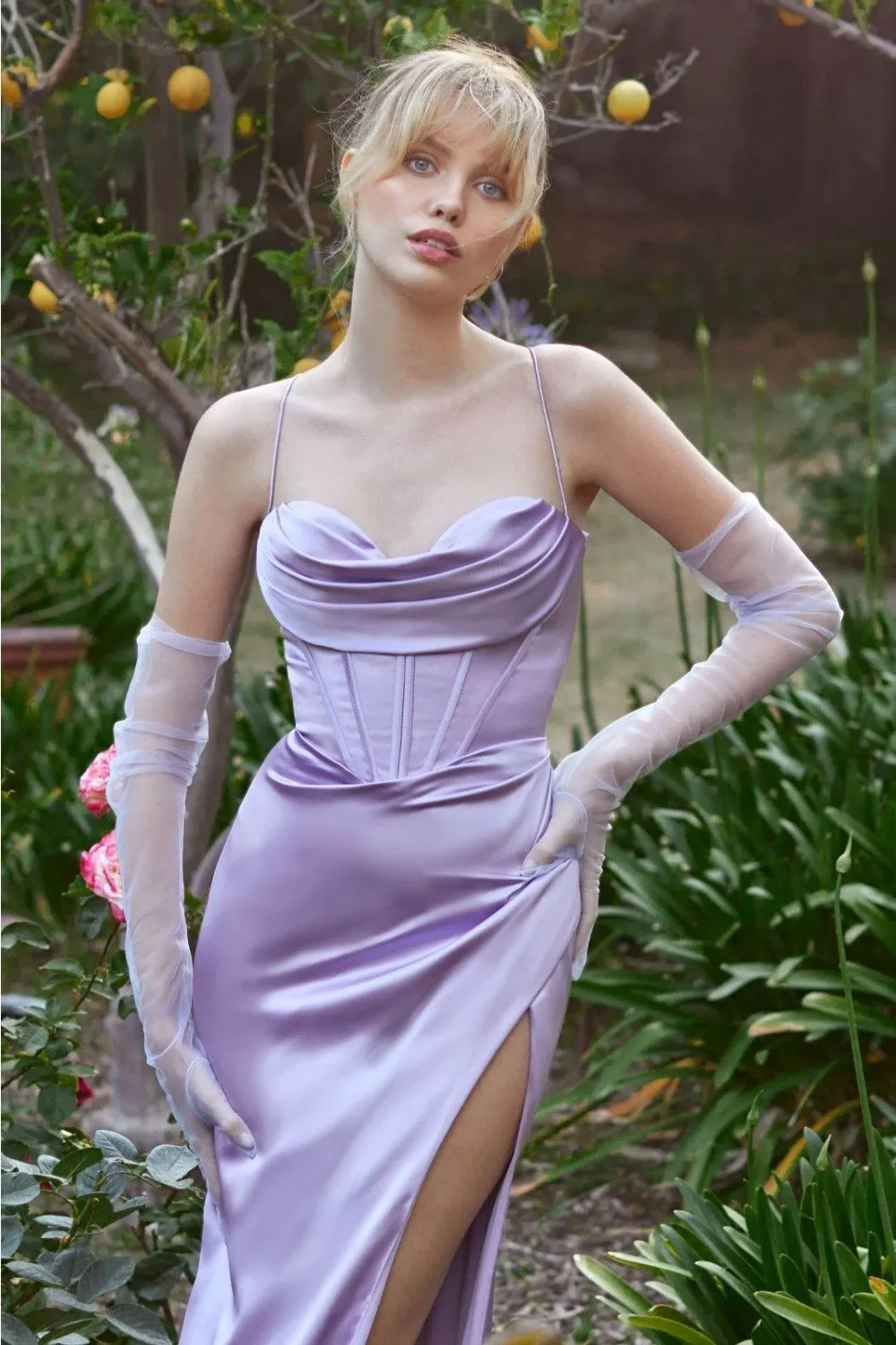 Cinderella Divine 7483 Long Satin Corset Cowl Neckline Formal Gown