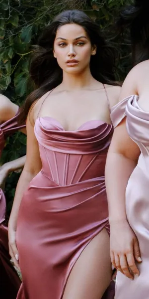 Cinderella Divine 7483 Long Satin Corset Cowl Neckline Formal Gown