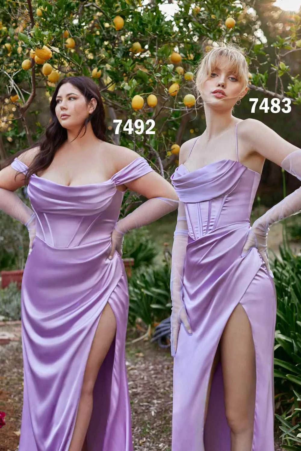 Cinderella Divine 7483 Long Satin Corset Cowl Neckline Formal Gown