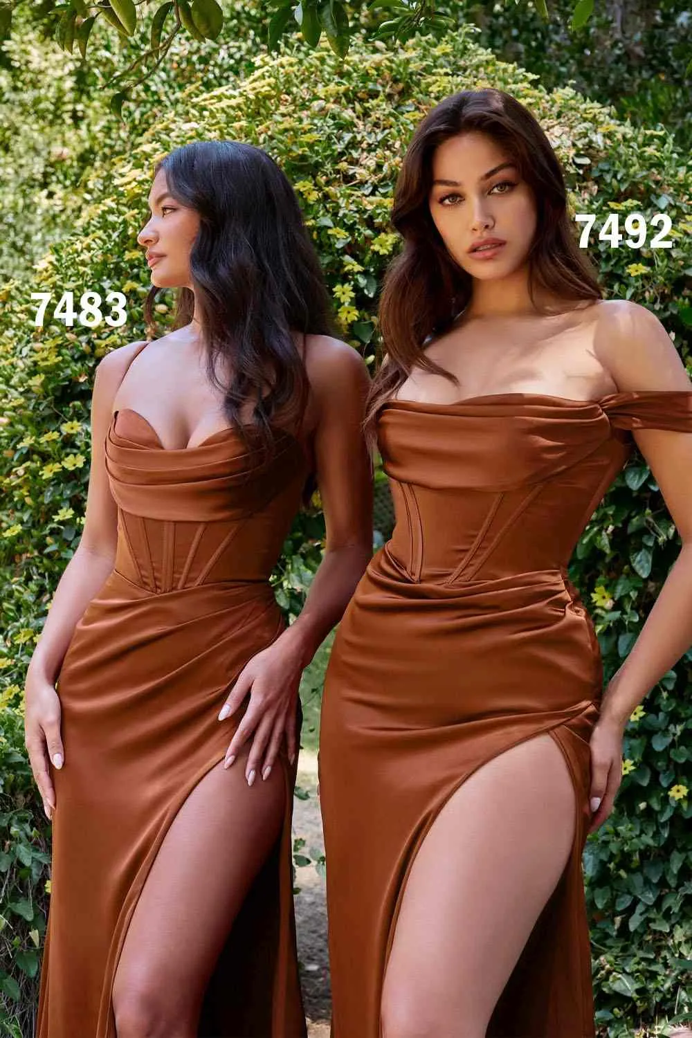 Cinderella Divine 7483 Long Satin Corset Cowl Neckline Formal Gown