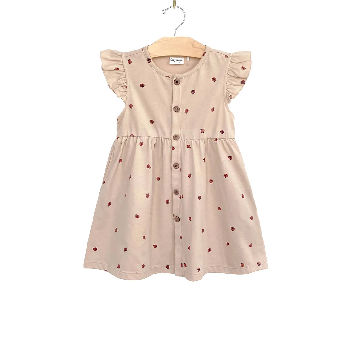 City Mouse Button Up Girls Dress in Ladybugs