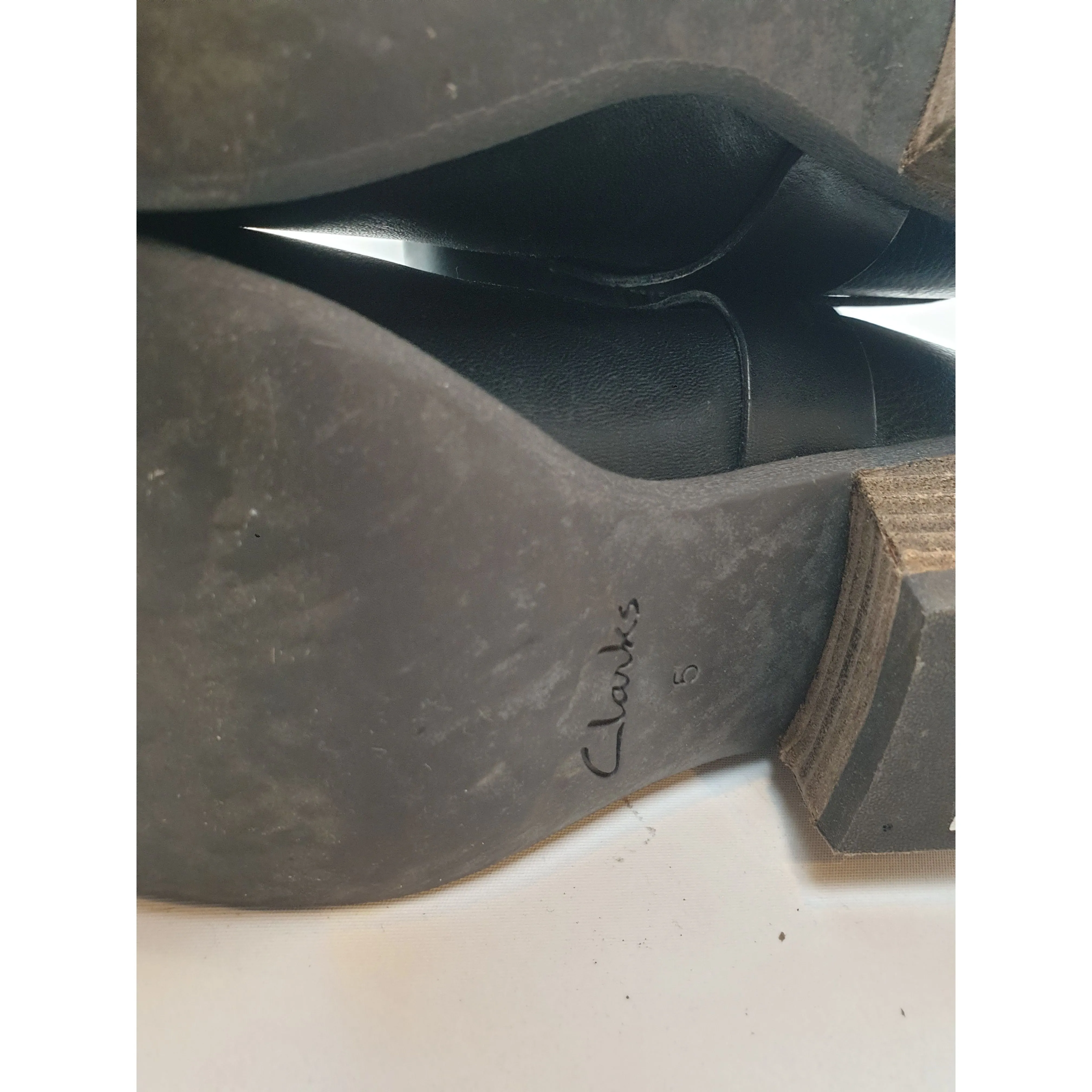 Clarks black leather knee high boots with low wooden heel size UK 5/US 7